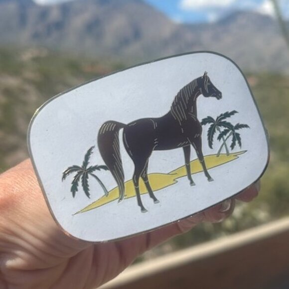Vintage Accessories - DON SANDERS Horse Palm Trees White Enamel Gold BELT BUCKLE